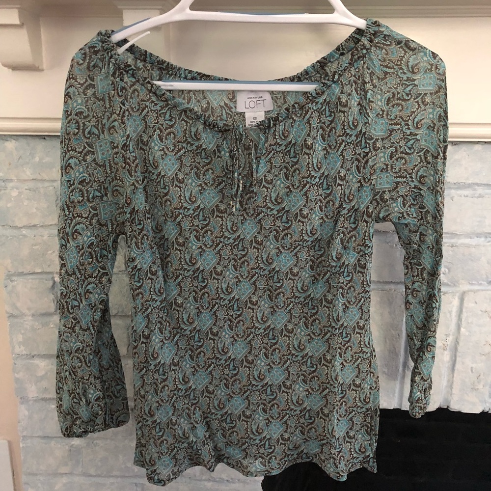 Size XS Loft blue/brown silk shirt